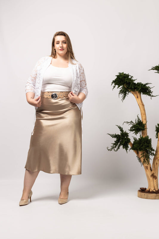 Nederdel i ensfarvet stof satin silke look Store Størrelser