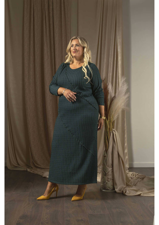 Kjole med snit foran og ærmer petroliums farve  Store Størrelser