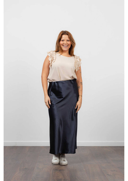 Nederdel i ensfarvet satin blå stof Store Størrelser