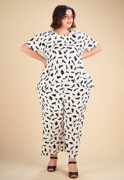 Sæt med top + nederdel i store størrelser, hvidt print (C6198) plus size